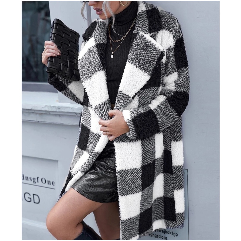 Cozy Plaid Teddy Open Front Jacket Coat